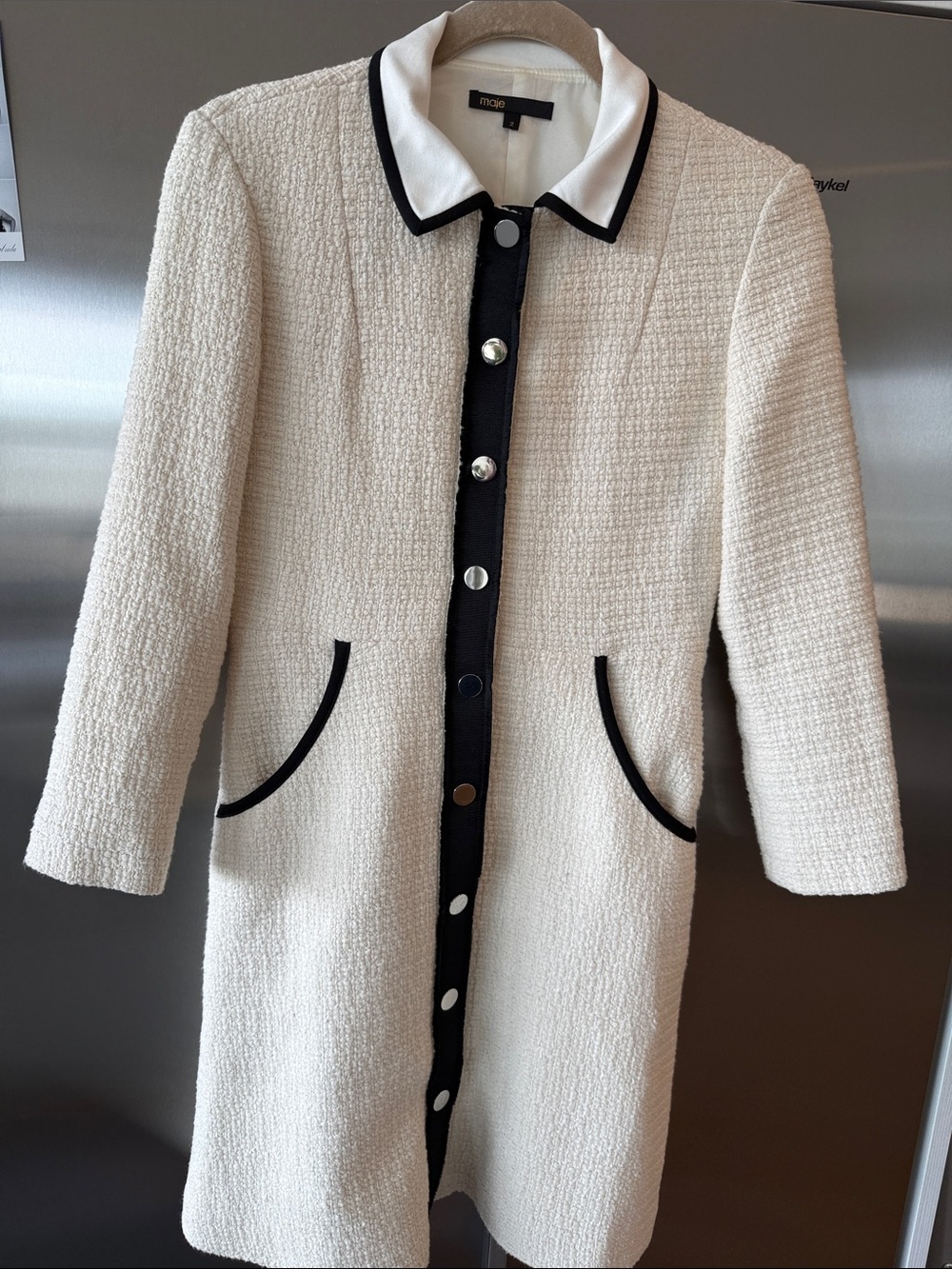 Maje Cream Long Sleeve Tweed Coat Dress with Black Trim and pockets